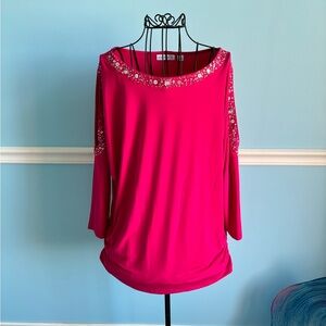 Susan Graver Open Shoulder Jeweled Pink Top